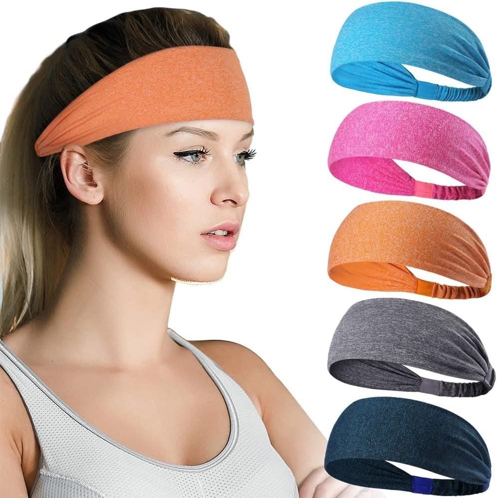 Sports Headbands For Men & Women -5 Pack, Wicking Sweatbands, Elastic Non Slip Sweat Bands
