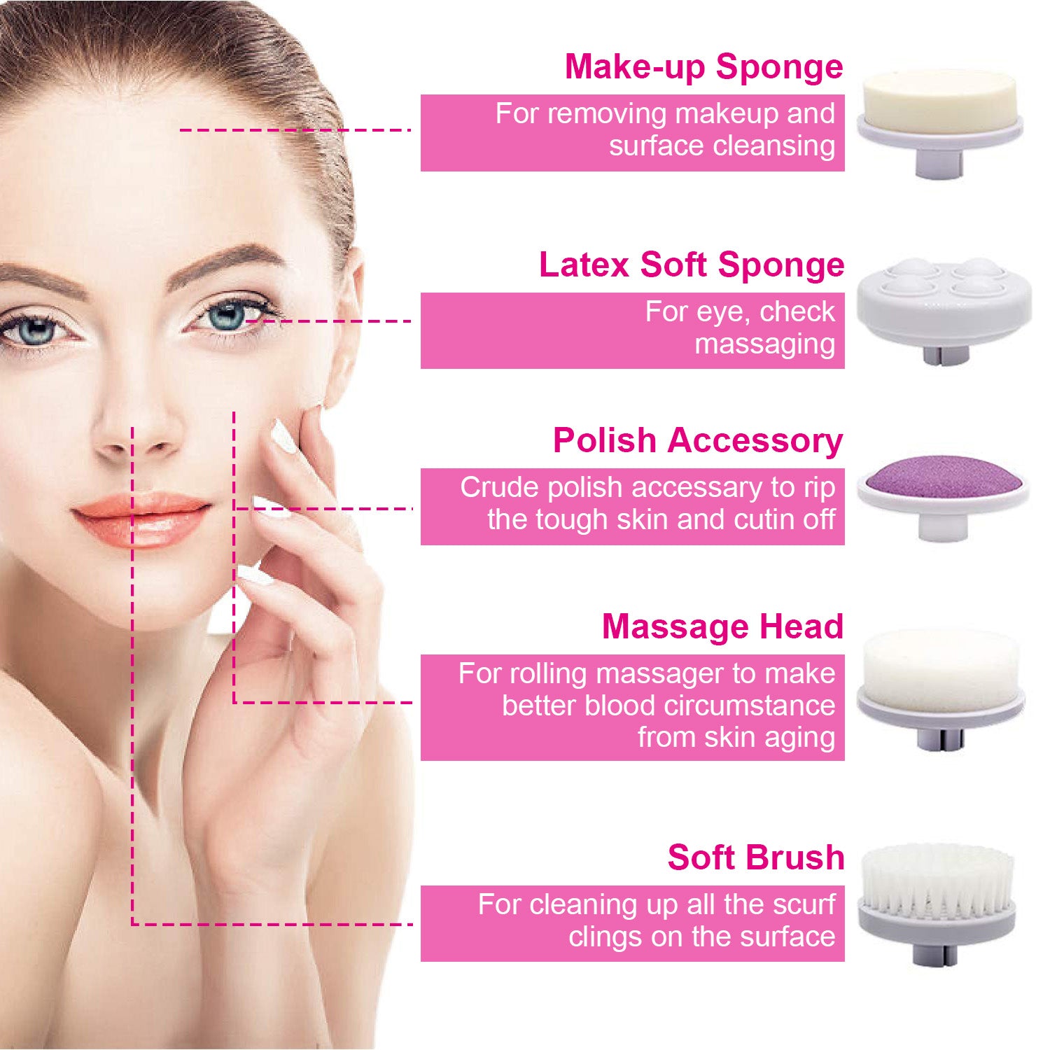 Waterproof Face Spin Cleansing Brush with 5 Heads