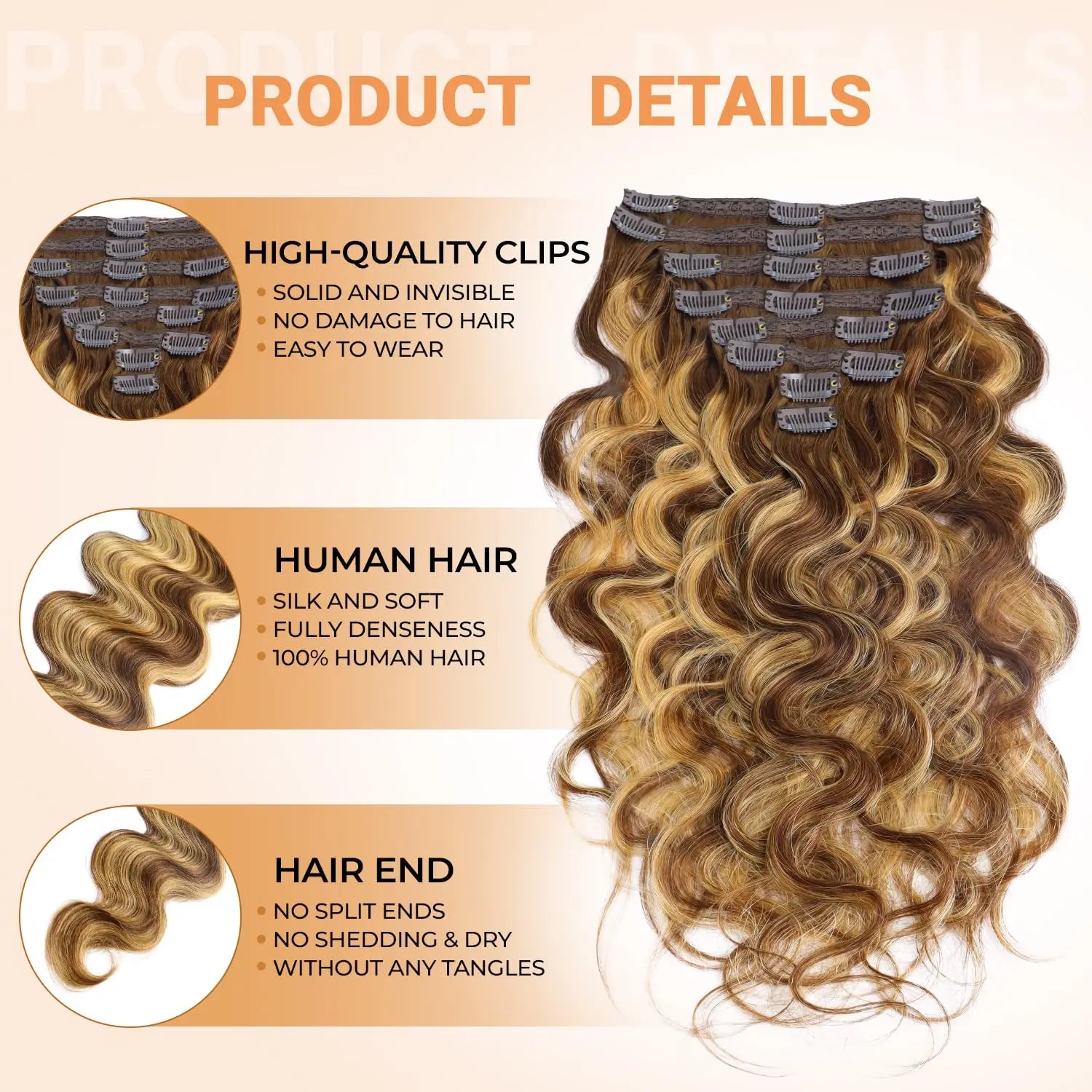 Ombre 4/27 Body Wave Clip In Hair Extensions 16-26 Inch Indian Hair Highlight Full Head Clip In Human Hair Extensions 120G/8pcs