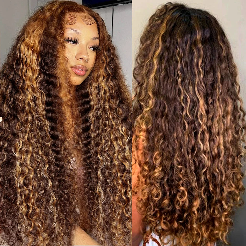 30 Inch 250 Density Highlight Honey Brown Curly Lace Front Human Hair Wigs 13x6 13x4 Ombre Colored Deep Wave Lace Frontal Wig - Opaline Glam Beauty