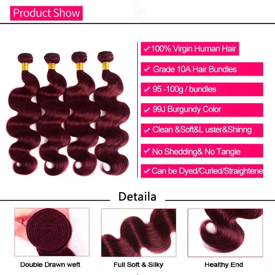 Brazilian 100% Raw Hair Bundles – Wine Red - Opaline Glam Beauty
