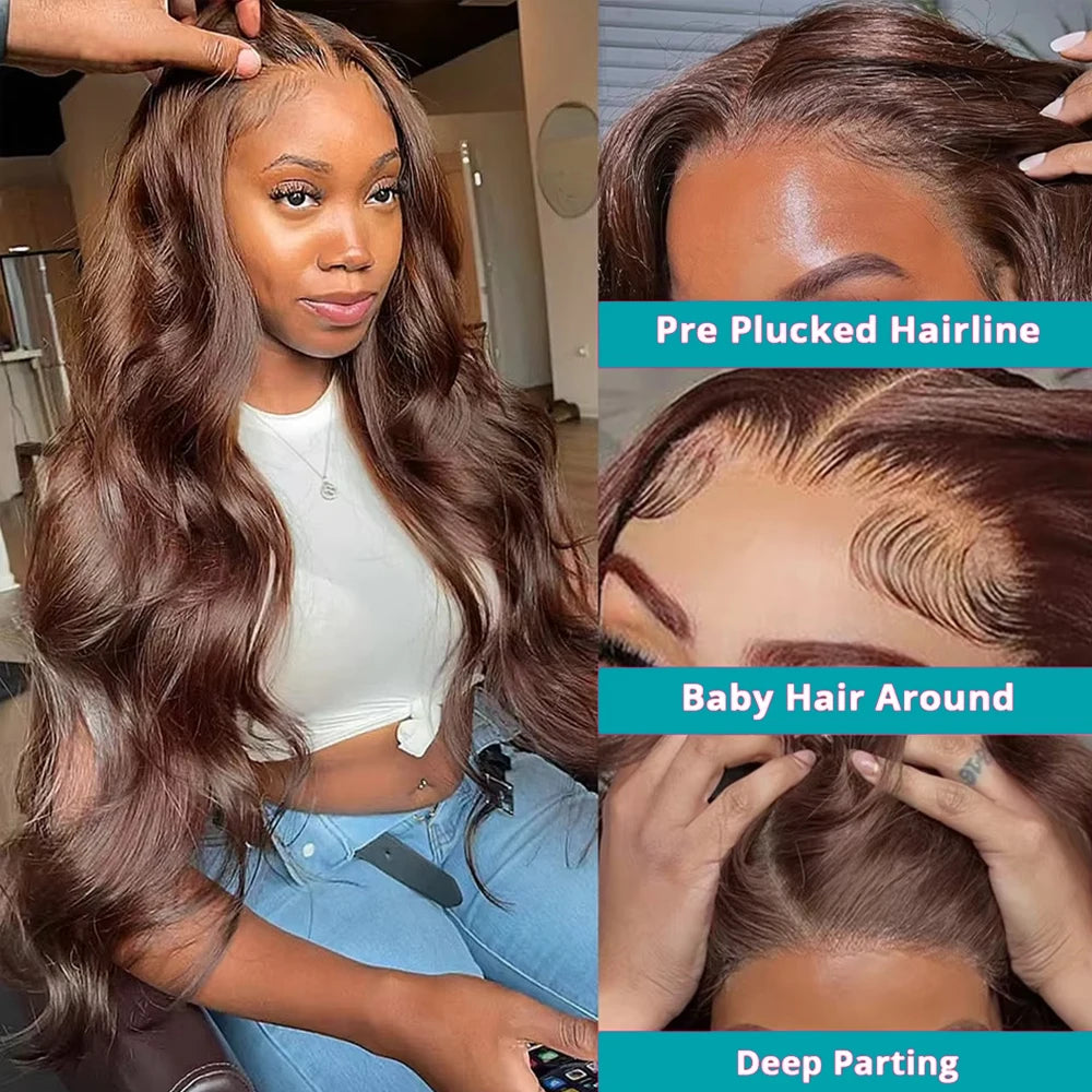 Chocolate Brown Lace Front Wigs Body Wave Brazilian Colored 46 Inch 13x6 Brown Lace Frontal Wig 100% Human Hair Wigs Pre Plucked - Opaline Glam Beauty