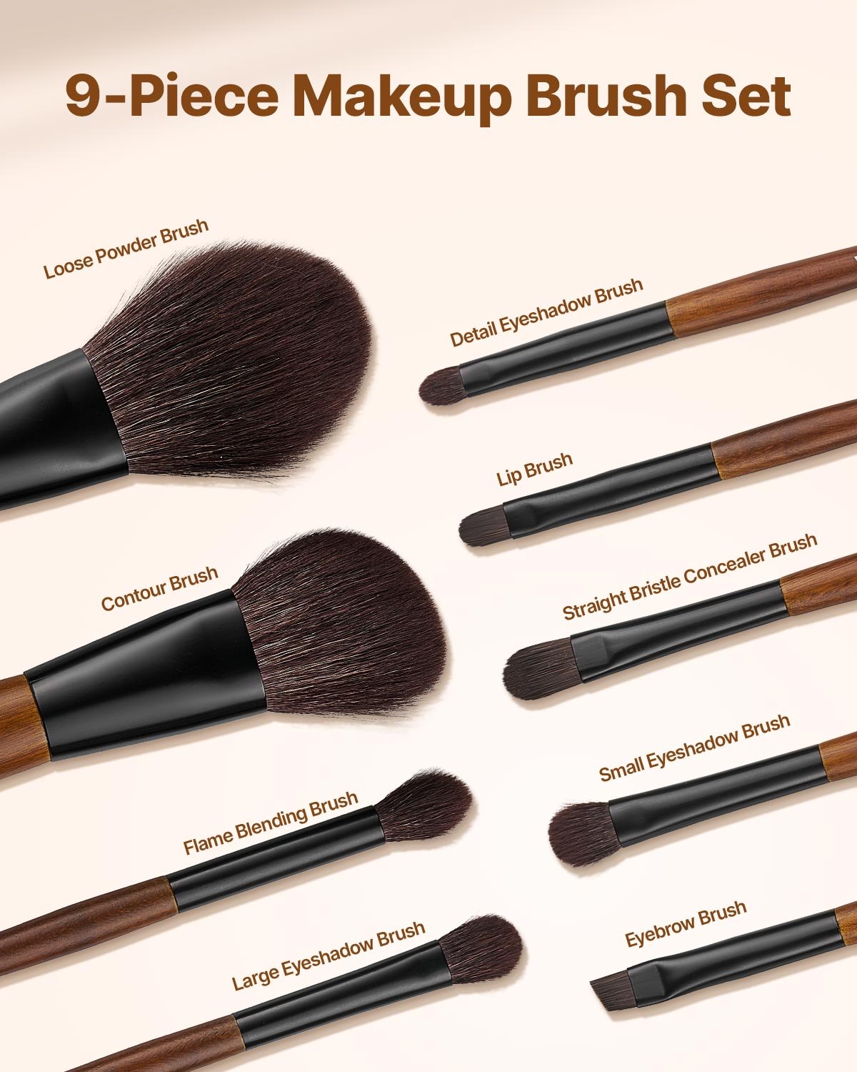 9-Piece Vegan Makeup Brush Set with Storage Bag
