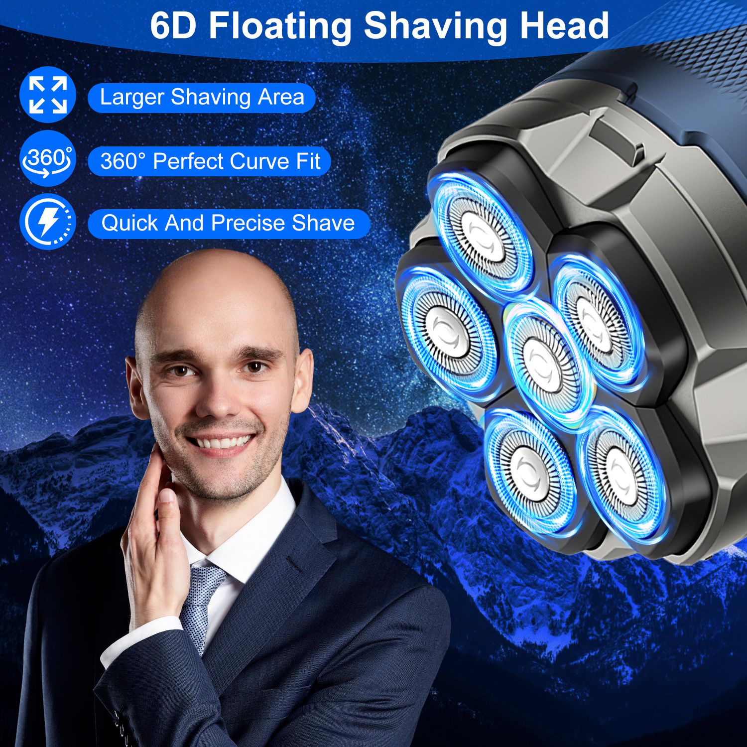 1Pc Cordless Electric Head Shaver For Men 6D Magnetic Floating Head Bald Man - Opaline Glam Beauty