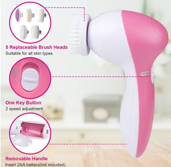 Waterproof Facial Cleansing Brush with 5 Brush Heads - Opaline Glam Beauty