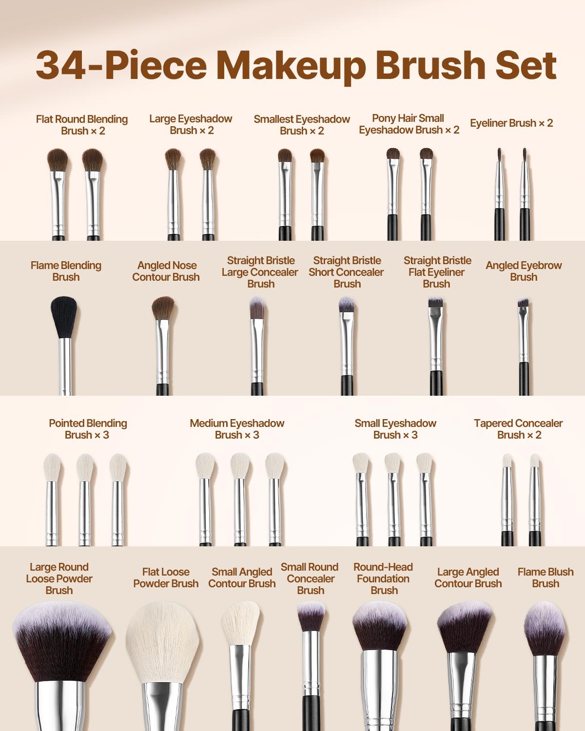 34-Piece Professional Makeup Brush Set with Travel Case