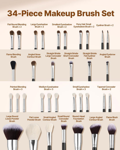 34-Piece Professional Makeup Brush Set with Travel Case
