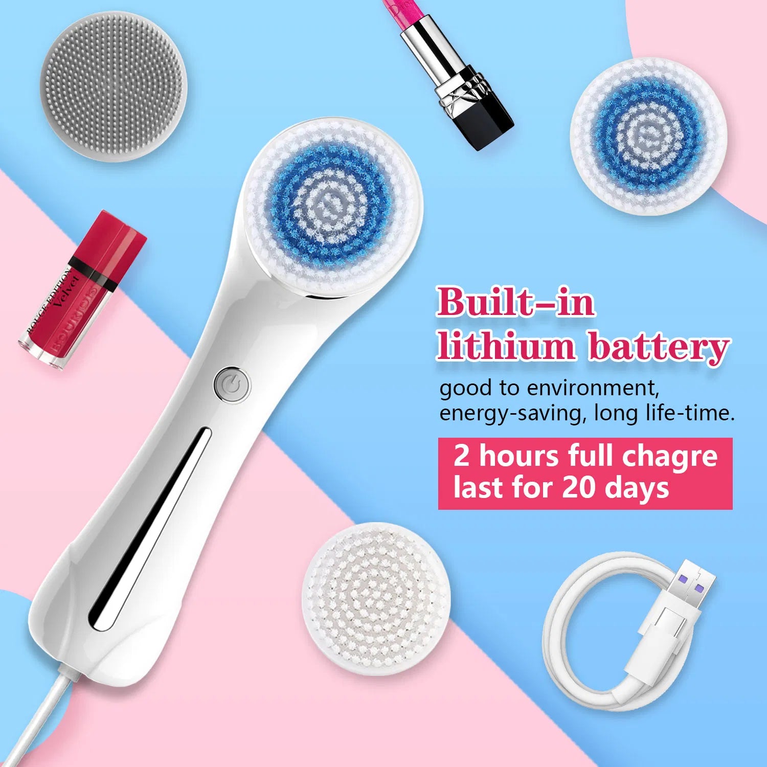 IPX7 Waterproof 3-in-1 Rechargeable Facial Cleansing Brush