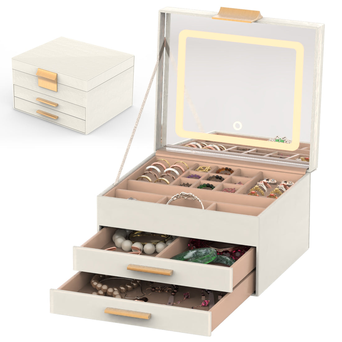 1 Set Jewelry Box With LED Mirror 3 Layer Jewelry Organizer With 2 Drawers PU Jewelry Holder With 3 Mirror Light Colors Dimmable For Earrings Rings Bracelets Necklaces