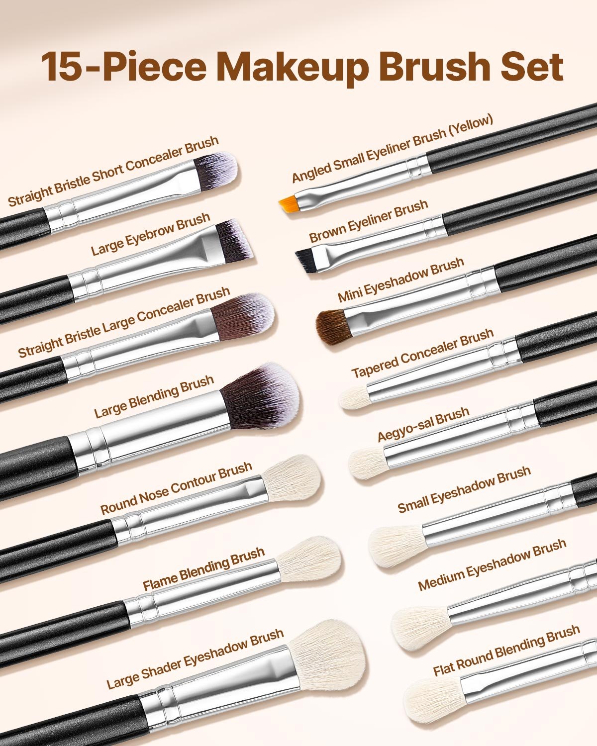 15-Piece Vegan Makeup Brush Set with Wood Handle