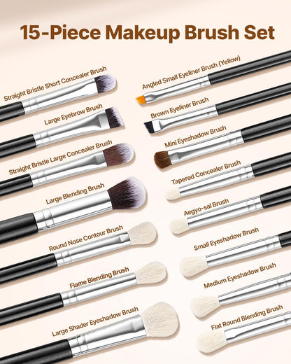 15-Piece Vegan Makeup Brush Set with Wood Handle