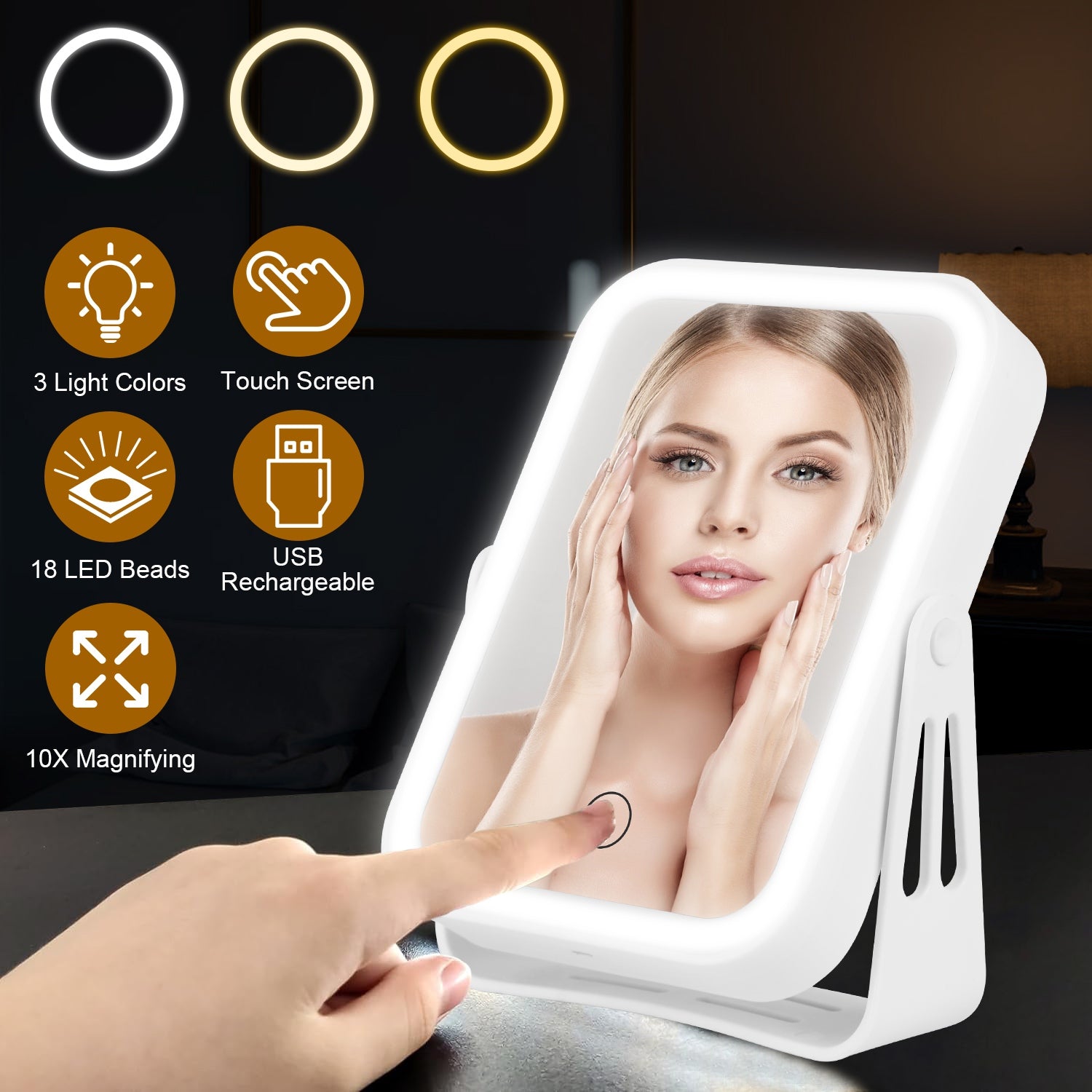 1Pc 10X Magnifying Lighted Makeup Mirror Double Sided Travel Makeup Mirror With 3 Light Colors Touch Screen USB Rechargeable - Opaline Glam Beauty