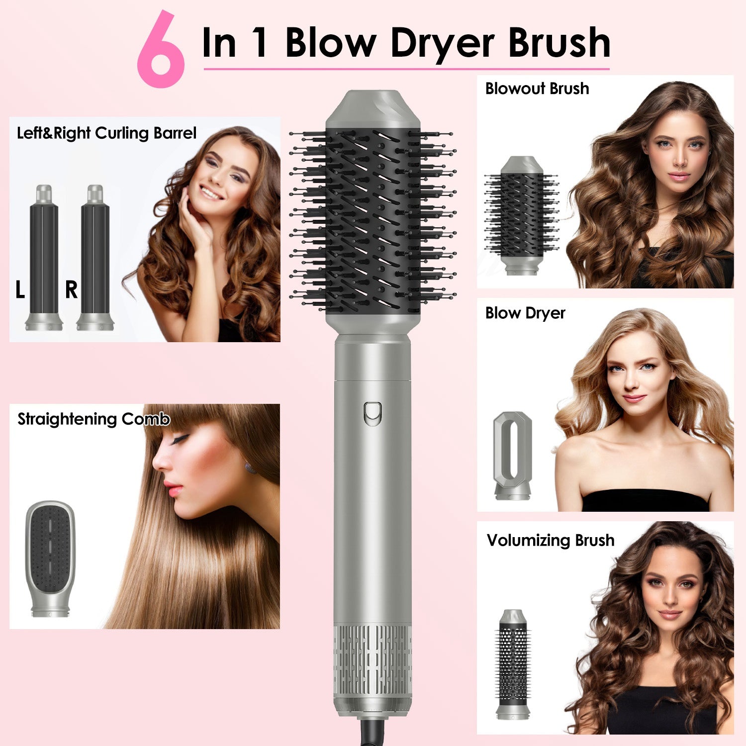 1Pc 6 In 1 Hot Air Styler Volumizer Straightener Curler Dryer Automatic Wrap Styler