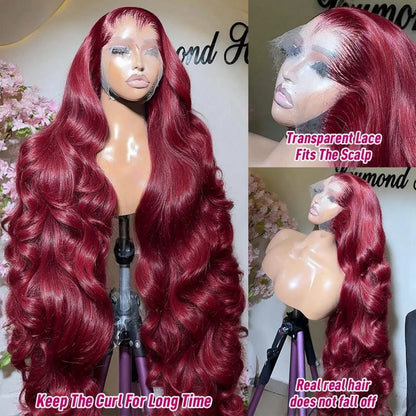 250% Burgundy 13x6 Hd Lace Frontal 99J Human Hair Wig Body Wave Lace Front Human Hair Wigs 30 40 Inch Brazilian Colored Red Wig - Opaline Glam Beauty
