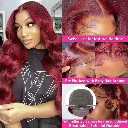 250% Burgundy 13x6 Hd Lace Frontal 99J Human Hair Wig Body Wave Lace Front Human Hair Wigs 30 40 Inch Brazilian Colored Red Wig - Opaline Glam Beauty