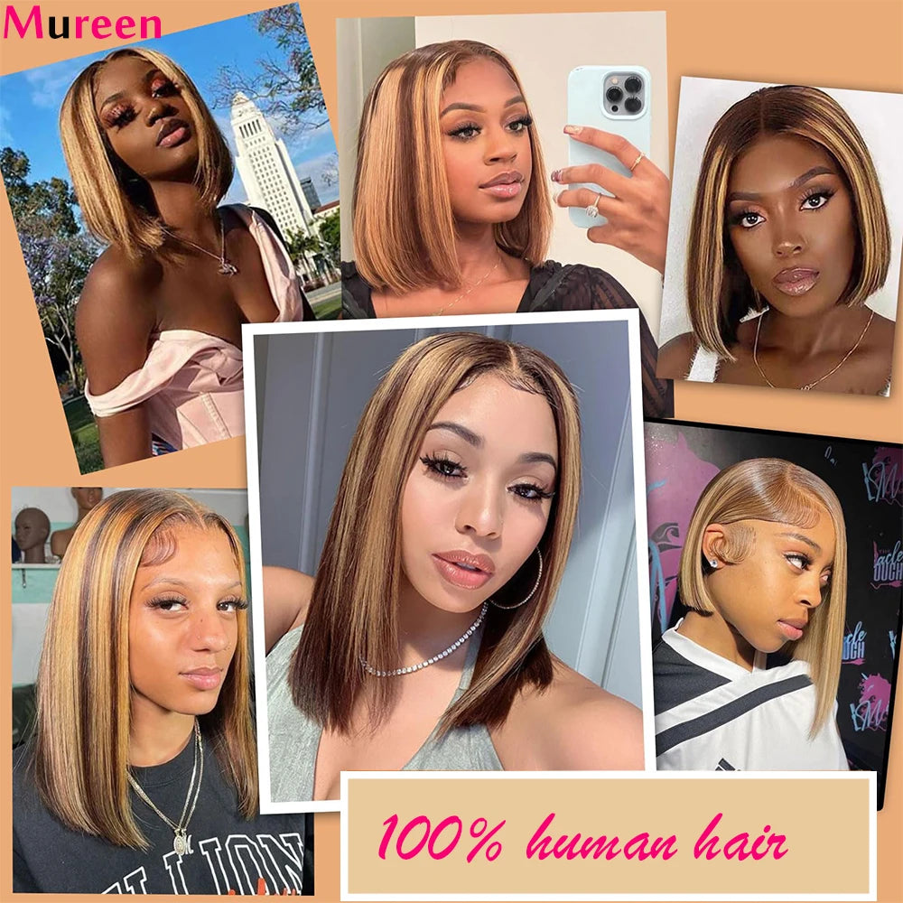 Highlight Ombre Bob Wig Human Hair Straight Lace Front Wig Human Hair 13x4 Pre Plucked HD Lace Front Human Hair Wigs For Women - Opaline Glam Beauty