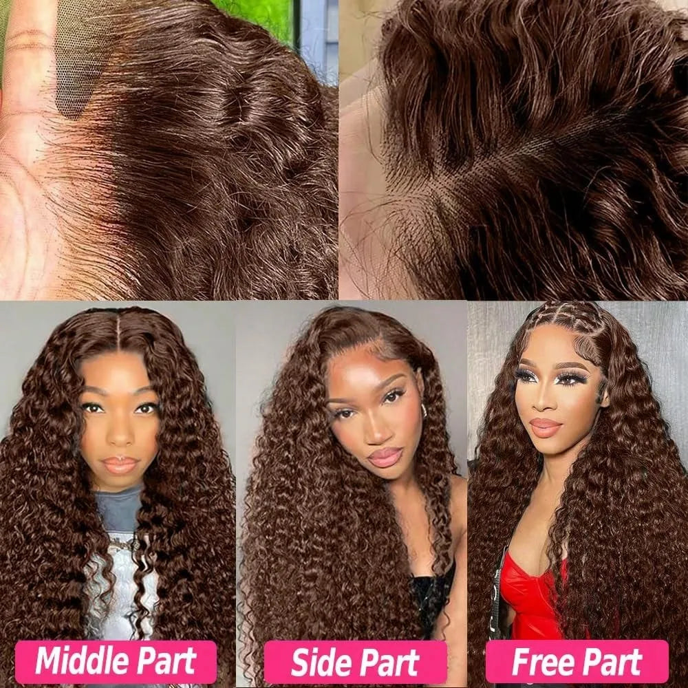 Chocolate Brown Deep Wave 13x6 Lace Front Wig Wig Human Hair Water Wave 250% Density Curly Wig Human Hair Brown Wigs Pre Plucked - Opaline Glam Beauty