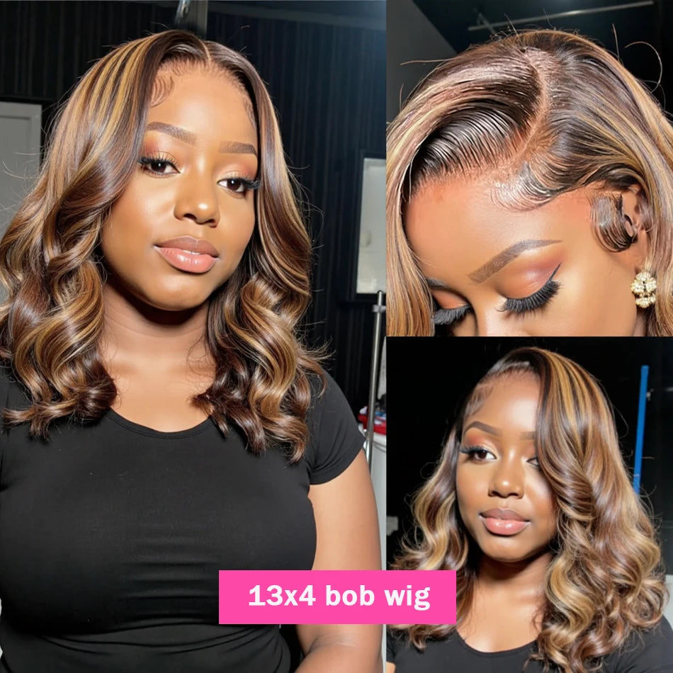Bob Wig 13x4 Highlight Body Wave Lace Front Wigs 230 Density Ombre 4/27 Brown and Honey Blonde HD Lace Frontal Wig Human Hair - Opaline Glam Beauty