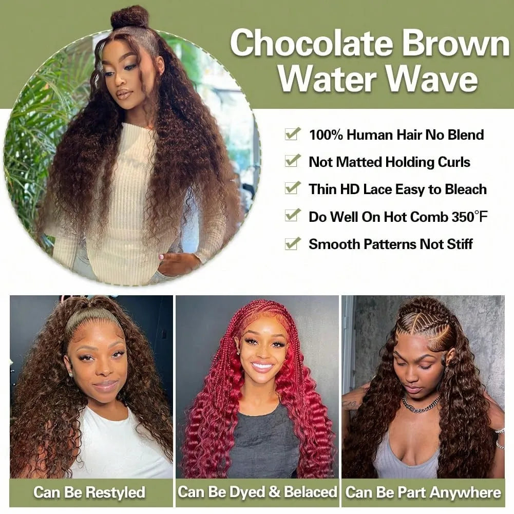Chocolate Brown Deep Wave 13x6 Lace Front Wig Wig Human Hair Water Wave 250% Density Curly Wig Human Hair Brown Wigs Pre Plucked - Opaline Glam Beauty