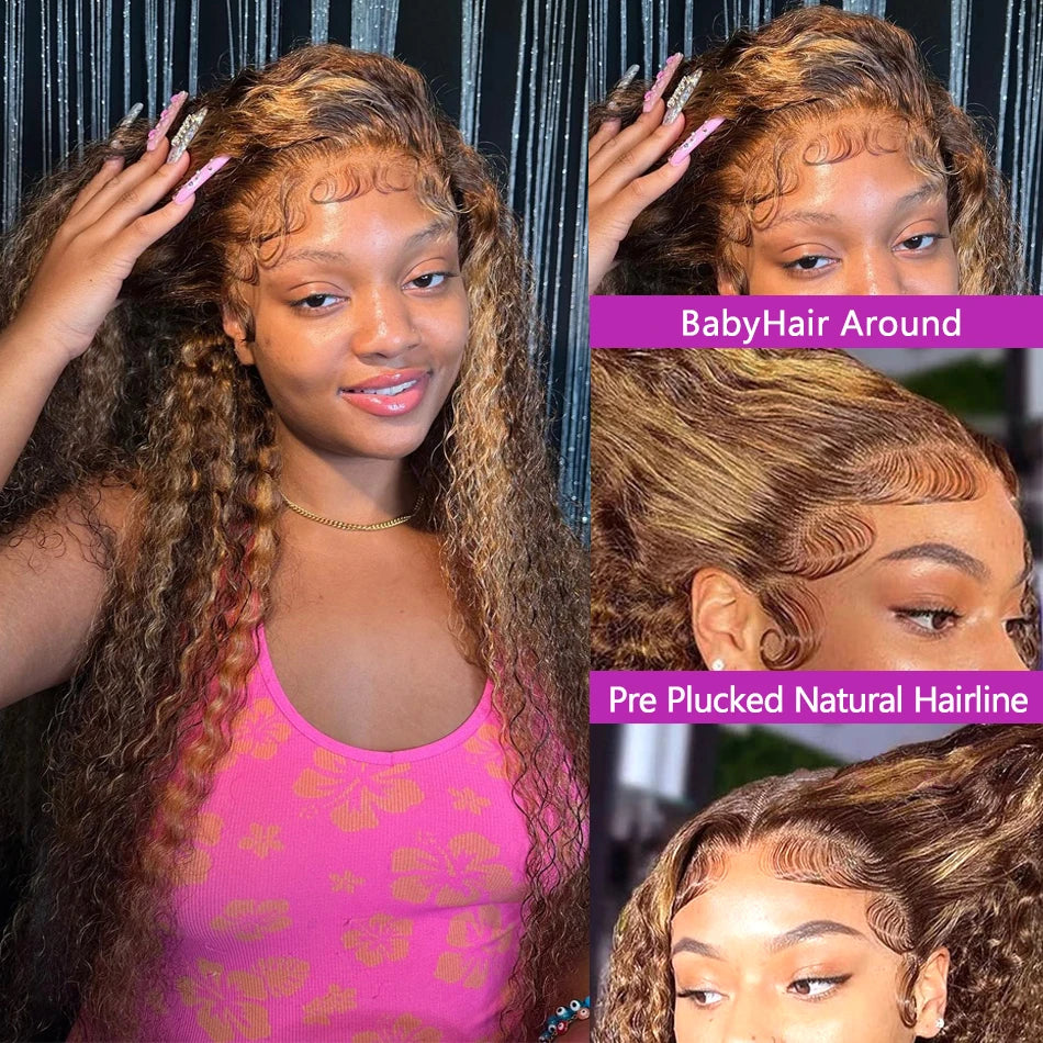 30 Inch 250 Density Highlight Honey Brown Curly Lace Front Human Hair Wigs 13x6 13x4 Ombre Colored Deep Wave Lace Frontal Wig - Opaline Glam Beauty