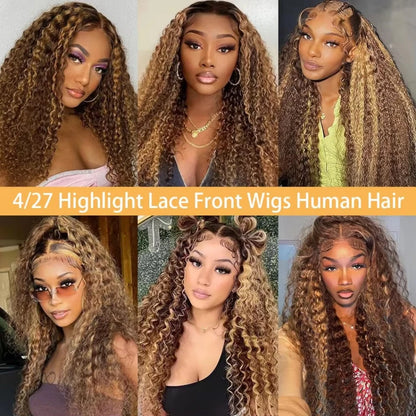 32 36 Inch Highlight Wig Human Hair Deep Wave 13X6 Hd Lace Frontal Wig 13X5 4/27 Ombre Brown Blonde Lace Front Wigs For Women - Opaline Glam Beauty