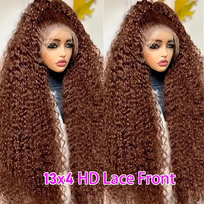 Chocolate Brown Deep Wave 13x6 Lace Front Wig Wig Human Hair Water Wave 250% Density Curly Wig Human Hair Brown Wigs Pre Plucked - Opaline Glam Beauty