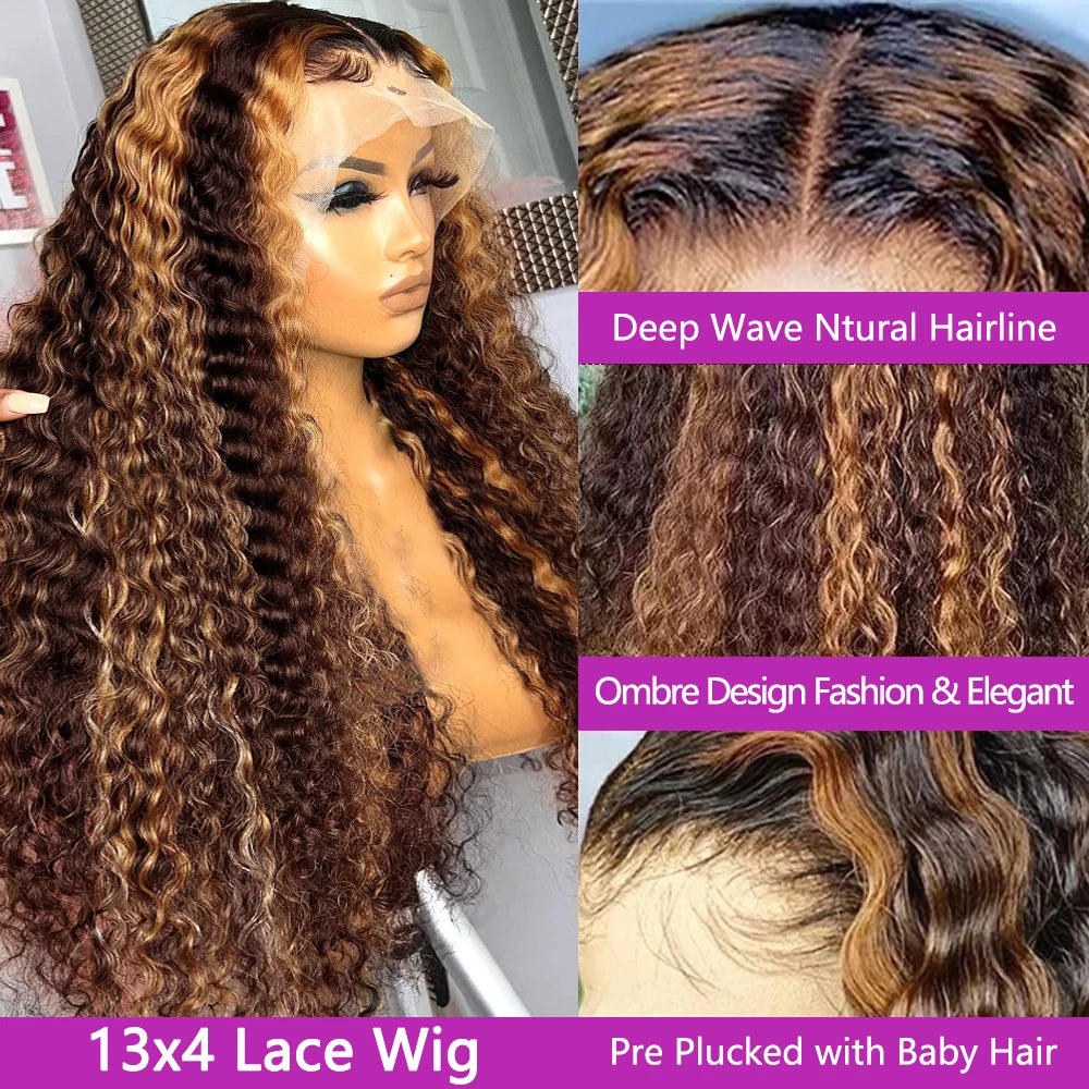 30 Inch 250 Density Highlight Honey Brown Curly Lace Front Human Hair Wigs 13x6 13x4 Ombre Colored Deep Wave Lace Frontal Wig - Opaline Glam Beauty