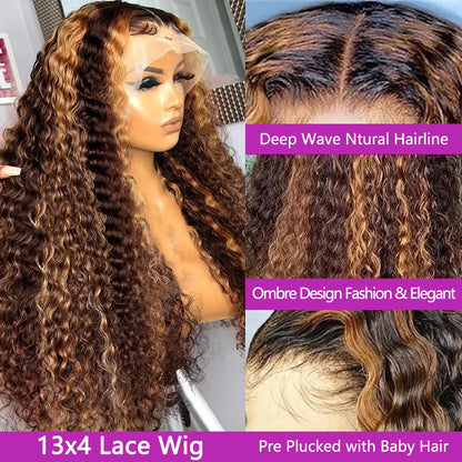 30 Inch 250 Density Highlight Honey Brown Curly Lace Front Human Hair Wigs 13x6 13x4 Ombre Colored Deep Wave Lace Frontal Wig - Opaline Glam Beauty