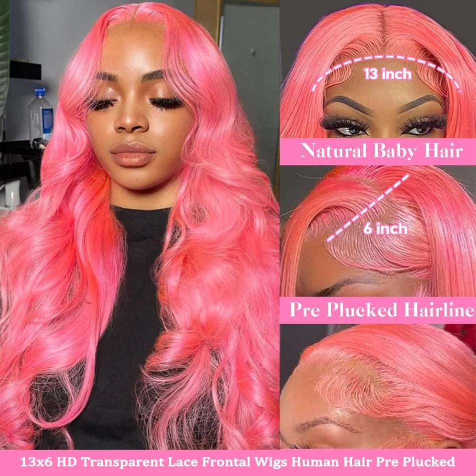 Pink Wig Body Wave Human Hair Wigs 13X6 Hd Lace Frontal Wig 30 32 Inch 13X4 Lace Front Wigs 250 Density Brazilian Hair For Women