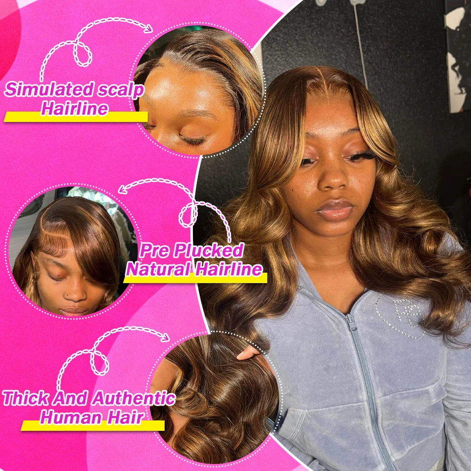 Bob Wig 13x4 Highlight Body Wave Lace Front Wigs 230 Density Ombre 4/27 Brown and Honey Blonde HD Lace Frontal Wig Human Hair - Opaline Glam Beauty
