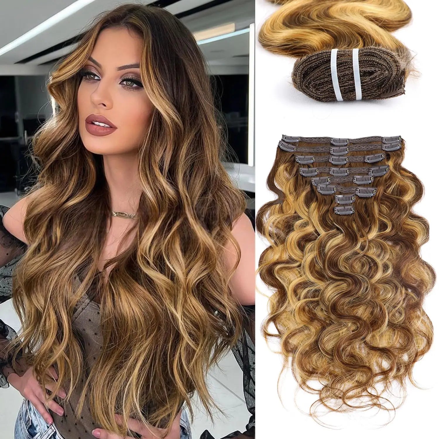 Ombre 4/27 Body Wave Clip In Hair Extensions 16-26 Inch Indian Hair Highlight Full Head Clip In Human Hair Extensions 120G/8pcs