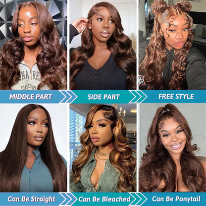 Chocolate Brown Lace Front Wigs Body Wave Brazilian Colored 46 Inch 13x6 Brown Lace Frontal Wig 100% Human Hair Wigs Pre Plucked - Opaline Glam Beauty