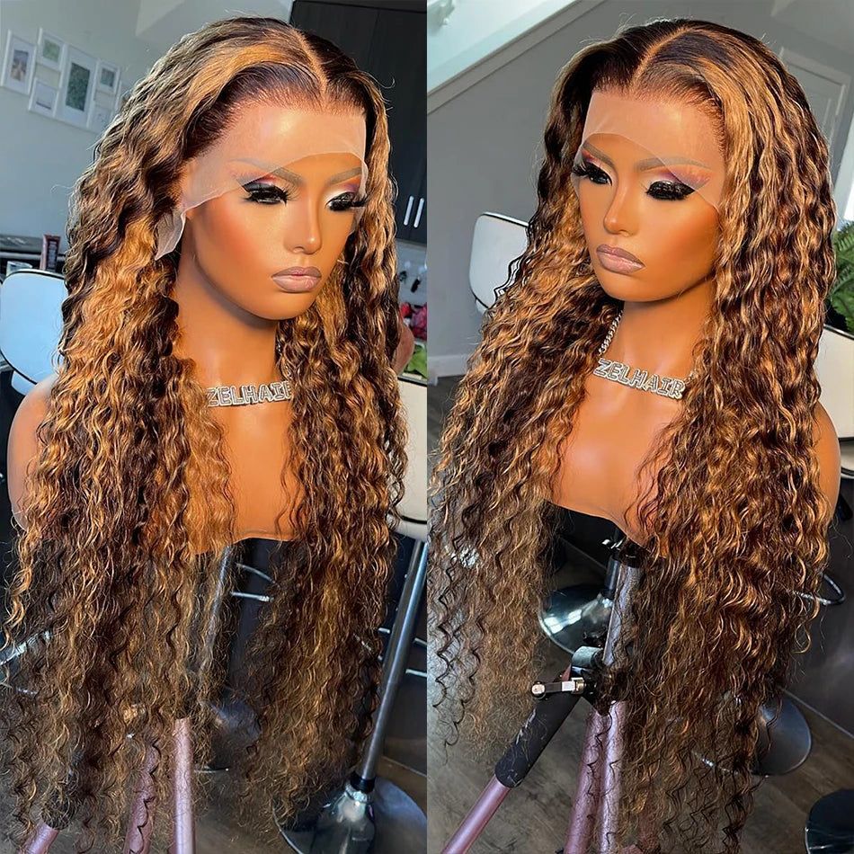 30 Inch 250 Density Highlight Honey Brown Curly Lace Front Human Hair Wigs 13x6 13x4 Ombre Colored Deep Wave Lace Frontal Wig - Opaline Glam Beauty