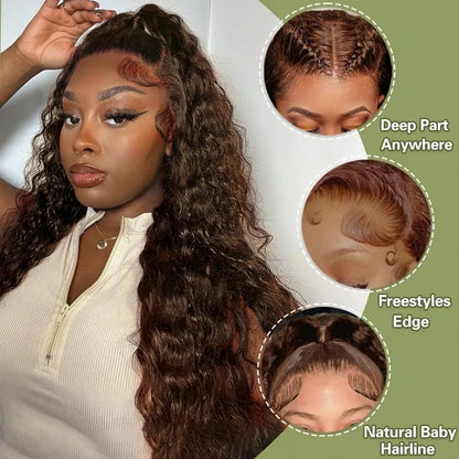 Chocolate Brown Deep Wave 13x6 Lace Front Wig Wig Human Hair Water Wave 250% Density Curly Wig Human Hair Brown Wigs Pre Plucked - Opaline Glam Beauty