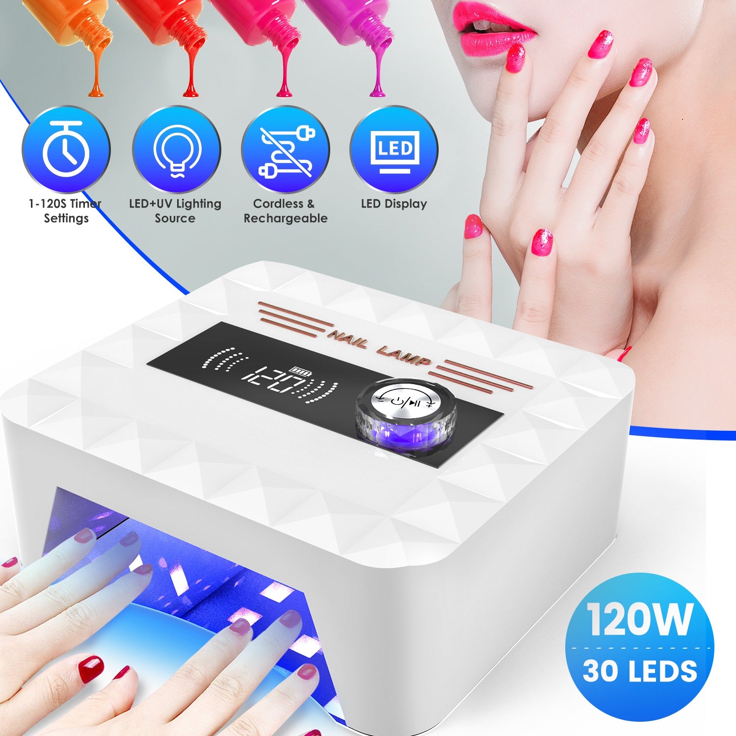 1Pc 120W Cordless UV Nail Lamp Rechargeable Gel Curing Lamp Gel Polish Light