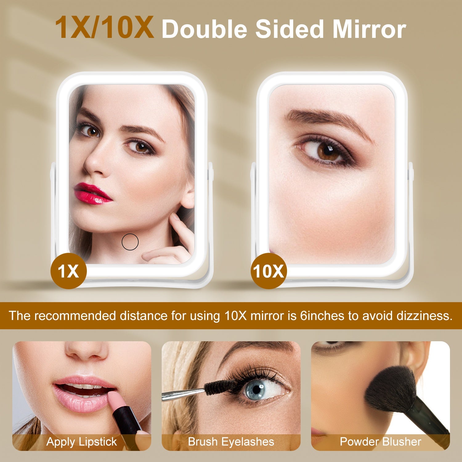 1Pc 10X Magnifying Lighted Makeup Mirror Double Sided Travel Makeup Mirror With 3 Light Colors Touch Screen USB Rechargeable - Opaline Glam Beauty