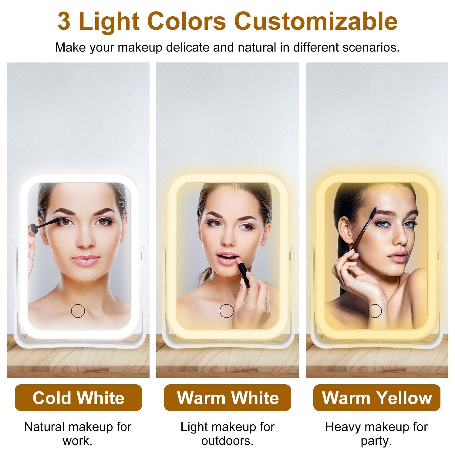 1Pc 10X Magnifying Lighted Makeup Mirror Double Sided Travel Makeup Mirror With 3 Light Colors Touch Screen USB Rechargeable - Opaline Glam Beauty